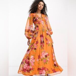 ASOS DESIGN button pintuck maxi dress w/ lace inserts orange floral print